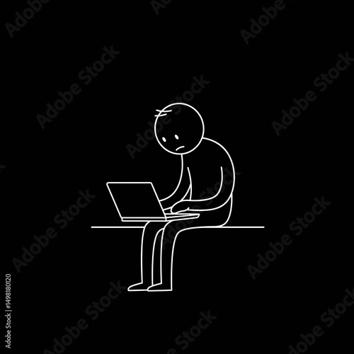 Tired stickman working on laptop — burnout, stress or fatigue illustration

