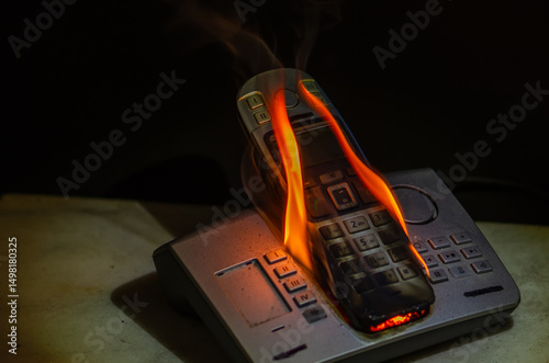 A desktop radiotelephone engulfed in flames visualises the problem of outdated technology, fire hazards and the possible consequences of overloading or short-circuiting. photo