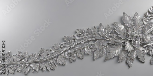 Intricate silver leaf lace border on a shimmering silver background Luxurious texture , design, winter