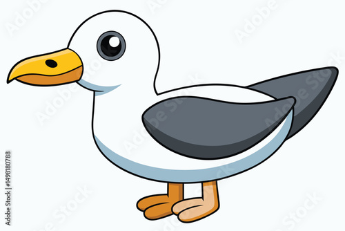 Cartoon Seagull Illustration Cute White Bird with Yellow Beak and Gray Wing