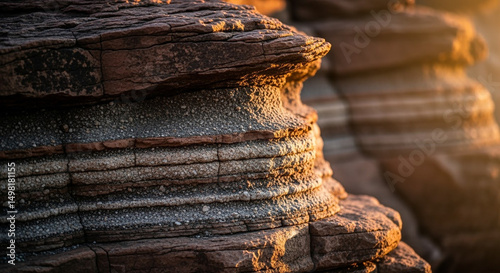 Sunlit layered rock formation showcasing intricate natural geological patterns