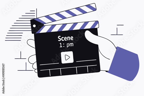 Movie clapperboard held by hand with scene and time display on white background