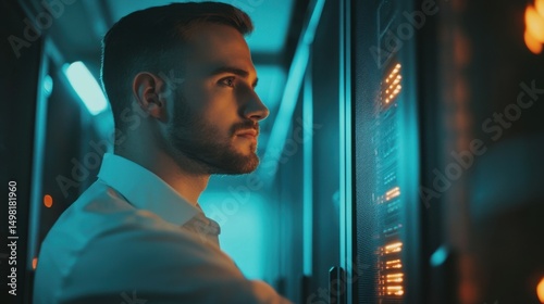 Skilled IT professional expertly managing data while navigating in industrial server room. Expert ensuring flawless cybersecurity protection, optimizing systems and perform necessary updates