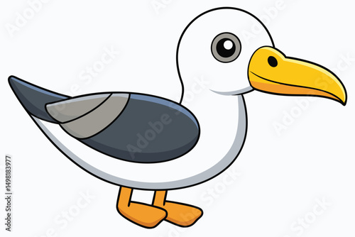 Cartoon Seagull with Yellow Beak and Orange Feet Standing Calmly to the Right