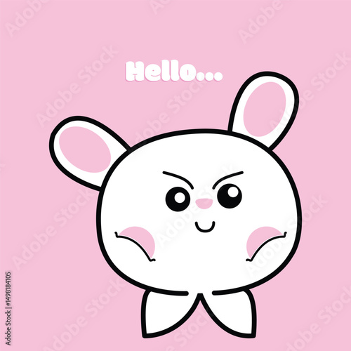 Cute rabbit bunny with hello text. Greeting, Easter, Rodent animal character cartoon design for card, cover book, stationery, print screen, baby product. Kawaii Vector Illustration isolated on white