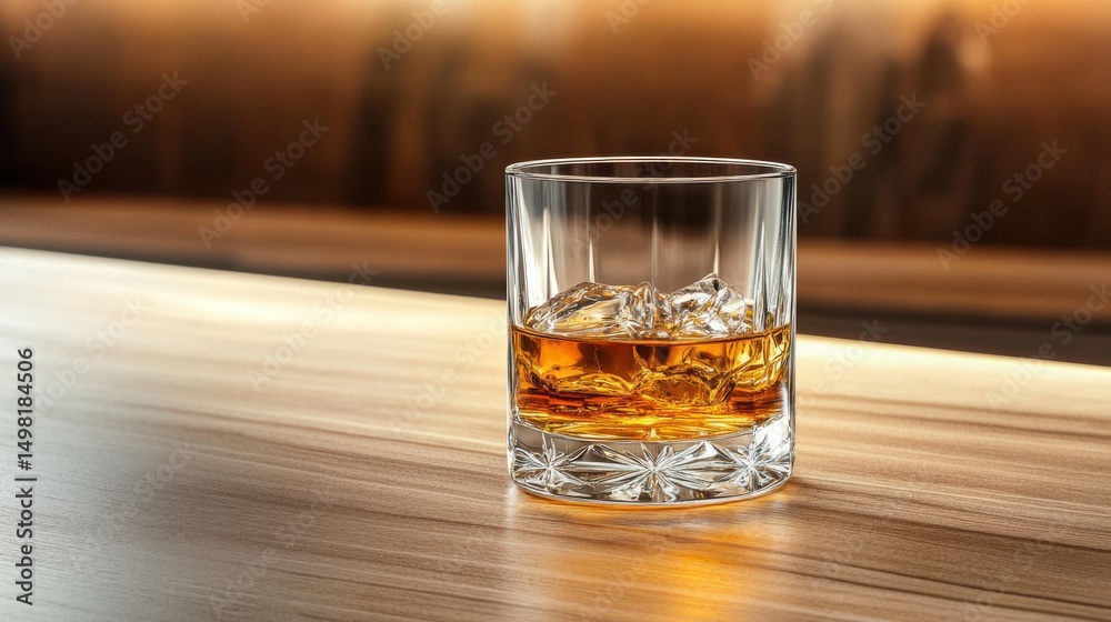 A glass filled with whiskey and ice sits on a polished wooden bar top, illuminated by soft warm light, creating a cozy and inviting atmosphere perfect for relaxation A glass filled with whiskey and ice sits on a polished wooden bar top, illuminated by soft warm light, creating a cozy and inviting atmosphere perfect for relaxation