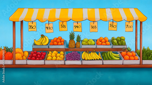 Colorful cartoon fruit stand with price tags on blue background