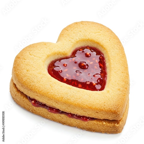  Heart-shaped cookie with red raspberry jam center isolated on white background