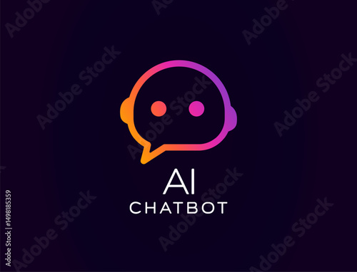 AI chatbot logo with cute robot face inside speech bubble, glowing gradient style. Great for customer support bots, smart virtual assistants, tech branding. Vector illustration.