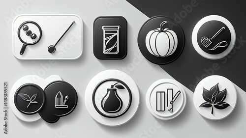 A collection of black and white icons featuring various objects on a gray and black background