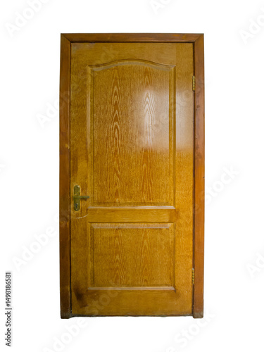 Old brown wooden door with rectangular panels and brass handle is isolated.