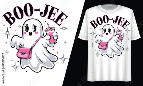 Boo Jee Ghost With Pink Bag, Cute Halloween, T-Shirt Design.
