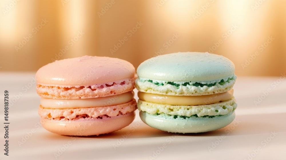 Two delicate macarons, one pink and one blue, sit side by side on a light surface. The soft afternoon light enhances their vibrant colors, creating an inviting atmosphere Two delicate macarons, one pink and one blue, sit side by side on a light surface. The soft afternoon light enhances their vibrant colors, creating an inviting atmosphere