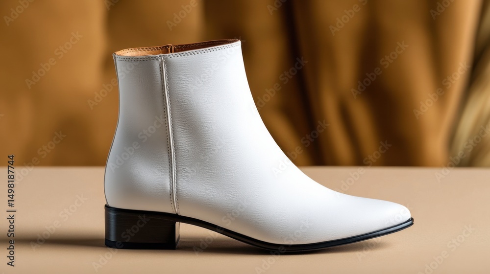 A minimalist white ankle boot is displayed prominently, highlighting its sleek design and smooth leather finish, set against a simple, warm backdrop A minimalist white ankle boot is displayed prominently, highlighting its sleek design and smooth leather finish, set against a simple, warm backdrop
