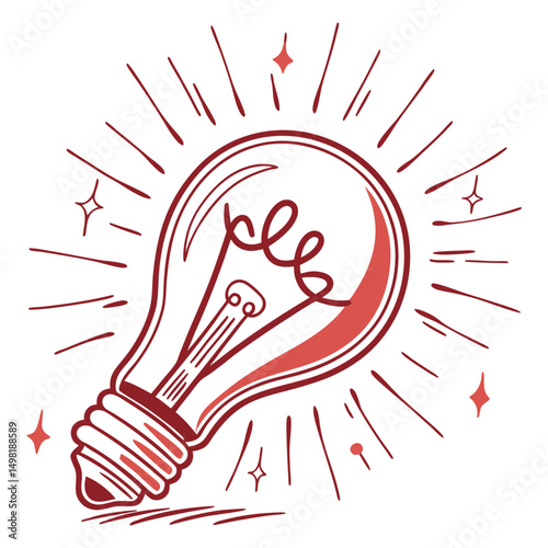 A classic red outline light bulb radiating light, symbolizing a glowing idea, inspiration, creativity, or a moment of enlightenment.