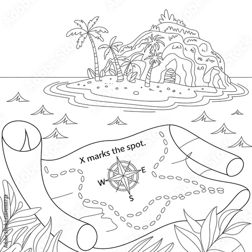 An adventure awaits with a treasure map leading to a deserted island complete with palm trees for an exciting quest