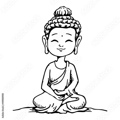 Peaceful doodle of smiling Buddha in meditation isolated on transparent background, ideal for wellness branding, prints, posters, or mindfulness apps. Hand drawn vector art