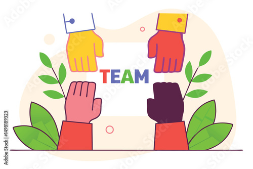 Illustration of a diverse team assembling with collaborative hands forming a circle of support