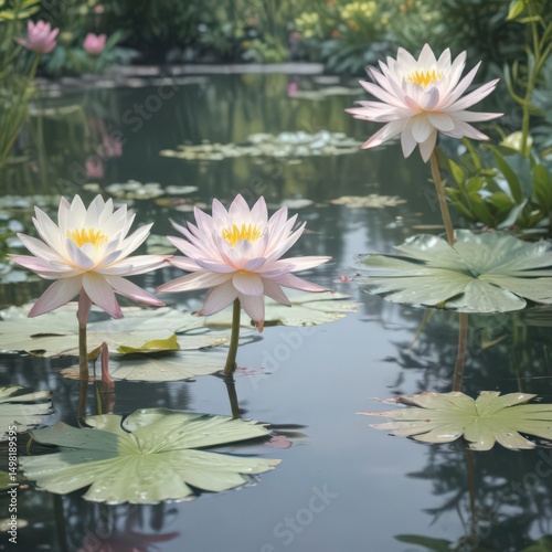 Delicate watercolor water lilies, soft pastel hues, serene garden setting , aqua, colorful, vibrant