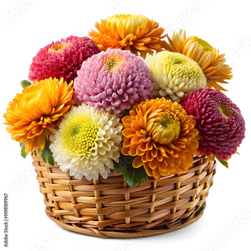 Colorful chrysanthemum bouquet in wicker basket