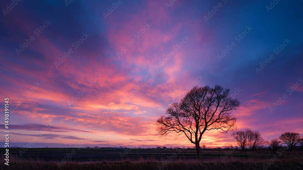 Fototapeta premium A silhouette of a tree against a vibrant sunset sky with pink and purple hues and wispy clouds