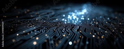 Futuristic blue illuminated technology circuit with data network glow