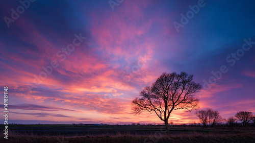 A silhouette of a tree against a vibrant sunset sky with pink and purple hues and wispy clouds