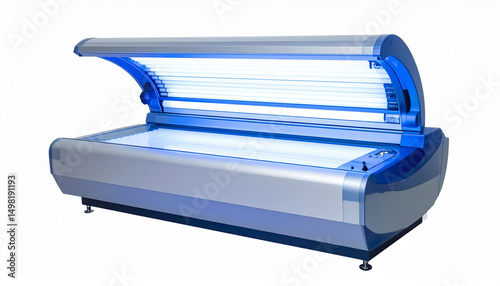 Modern tanning bed emitting bright blue light on white background