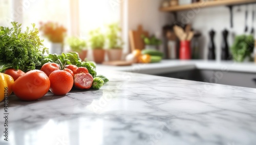 Fresh Tomatoes and Herbs on Marble Kitchen Counter