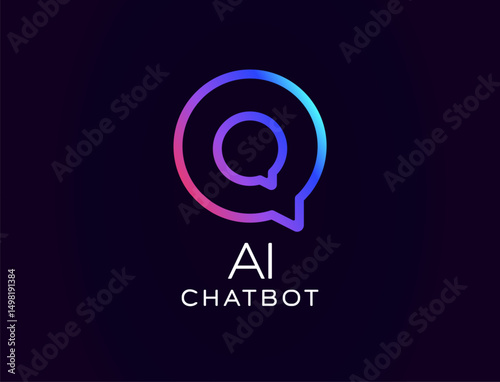 AI chatbot logo with layered chat bubbles and gradient glow, symbolizing smart conversation. Ideal for messaging apps, customer support tools, virtual assistants. Vector illustration.