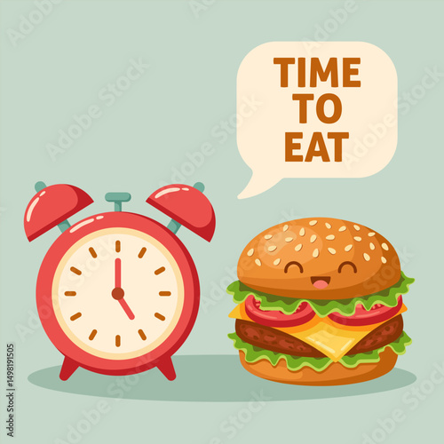 Funny cartoon-style vector illustration of a smiling cheeseburger and red alarm clock with speech bubble saying "Time to Eat". Cute and appetizing food-themed design.