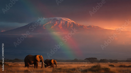 Elephants Kilimanjaro Sunset Serenade Vibrant Rainbow African Wildlife Tranquil Evening Panorama Majestic Colors Wilderness Scenic Beauty Savanna Adventure National Park Biodiversity Heritage
