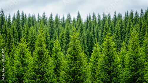 Lush green forest canopy stretches towards a cloudy sky highlighting the beauty of nature in summertime.