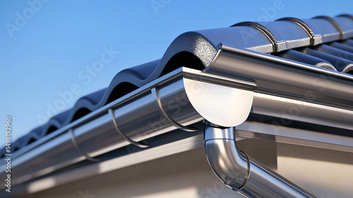 Close up shows new shiny aluminum rain gutter system installed on dark tiled roof against bright blue sky above.