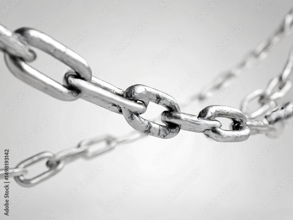 Fototapeta premium A chain of silver links is shown in a close up. The chain is twisted and bent, giving it a sense of tension and unease. The image evokes a feeling of confinement or restriction
