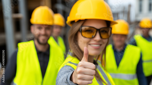 Construction worker gives thumbs up with team of builders wea safety gear on building site outside now.