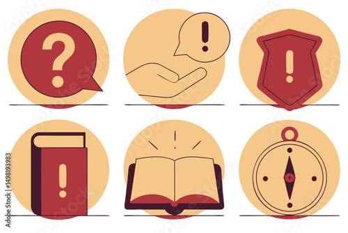 Vector illustration of six warning icons including question book compass shield and exclamation points