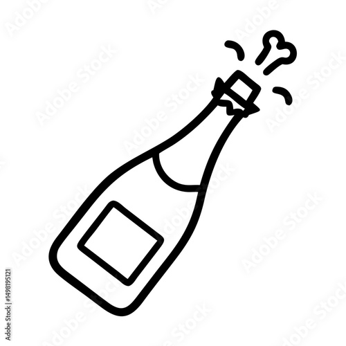 Champagne bottle with cork popping and bubbles in line art style  