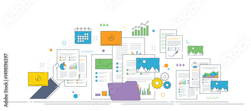 Digital content document and data management, graphs report, videos, photos, folders.