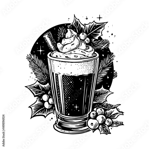 Christmas drink with whipped cream in tall glass with cinnamon stick, holly, and pine in hand-drawn style on white background. Holiday beverage concept