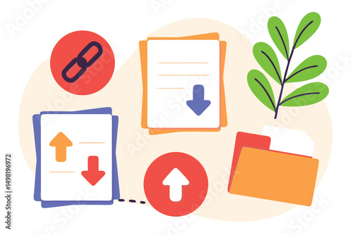 Vector illustration showcasing digital file sharing and download concepts with icons and a decorative leaf.