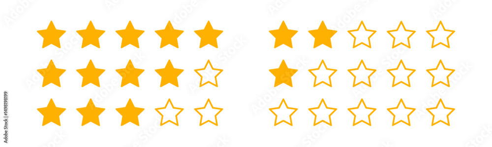 Obraz premium Five stars quality rating icon. Customer feedback concept. Vector isolated flat illustration for web design. Rating stars feedback icon set