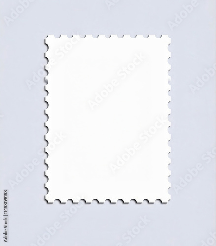 Blank postage stamp with perforated edges on light background