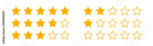 Five stars quality rating icon. Customer feedback concept. Vector isolated flat illustration for web design. Rating stars feedback icon set