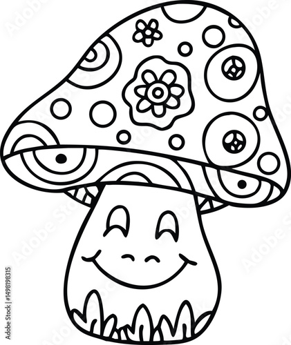 hippie mushroom with a smiling face and paisley ha