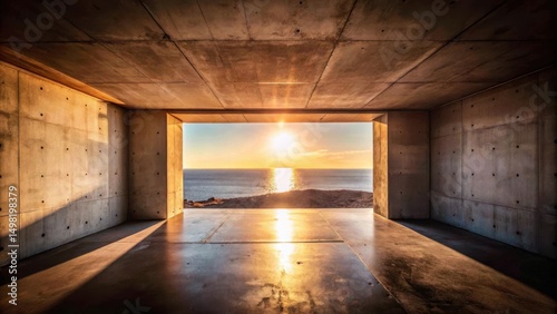 A concrete room with a large window framing a view of the ocean at sunset with the sun reflecting on the water and floor.