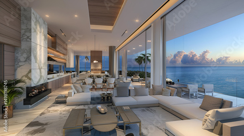 Interior of a luxurious beachfront apartment with ocean view and modern furniture design elements