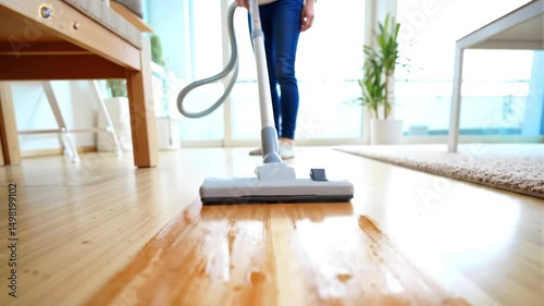 Home cleaning routine: Vacuum cleaner on wooden floor, close-up footage of household chore. Domestic appliance, spring cleaning, floor care concept. 4K video.