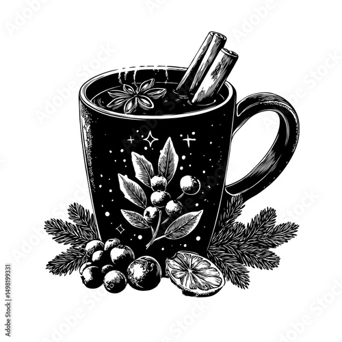 Stylized hot Christmas beverage with cinnamon, berries, and herbs in engraved drawing style on white background. Concept of winter or holiday drink