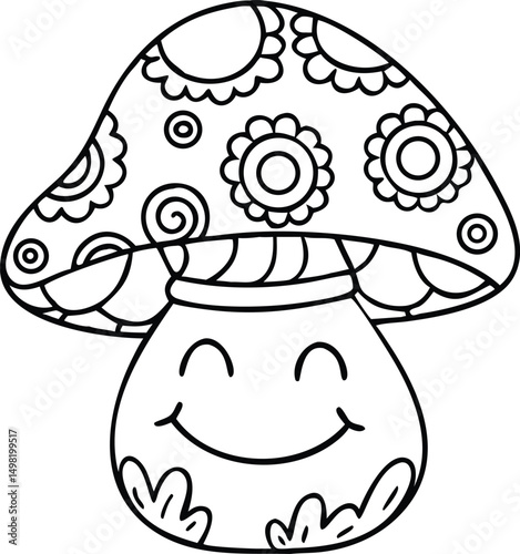 hippie mushroom with a smiling face and paisley ha